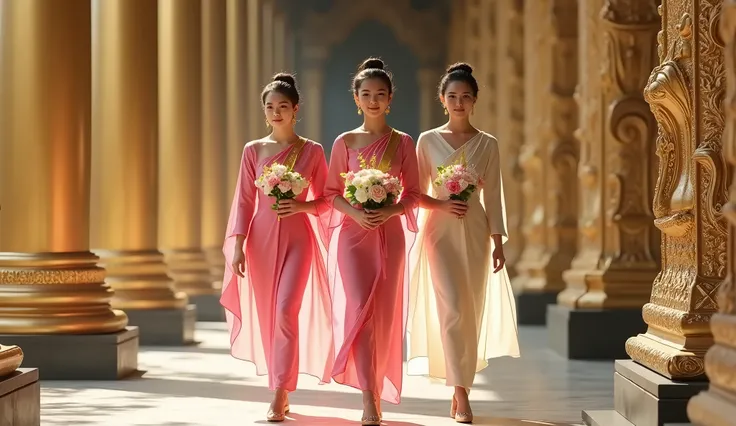 The image shows three young women dressed in traditional Thai clothing walking in a corridor with columns on either side. They are holding flower bouquets in their hands and appear to be walking towards the camera. The woman in the middle is wearing a long...