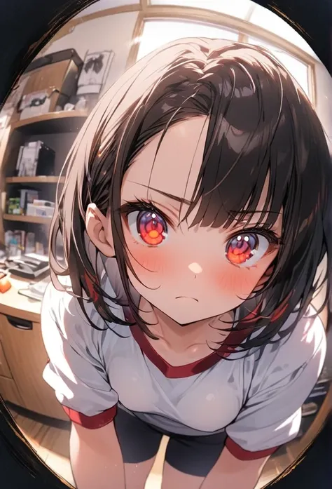 One Girl、White gym clothes、One Curl Bob Cut, Highest quality、Japanese、Small Breasts、(Show your forehead)、hair black、(room)、red eyes、 frown、(Fisheye lens effect:1.1)、expose ones cleavage