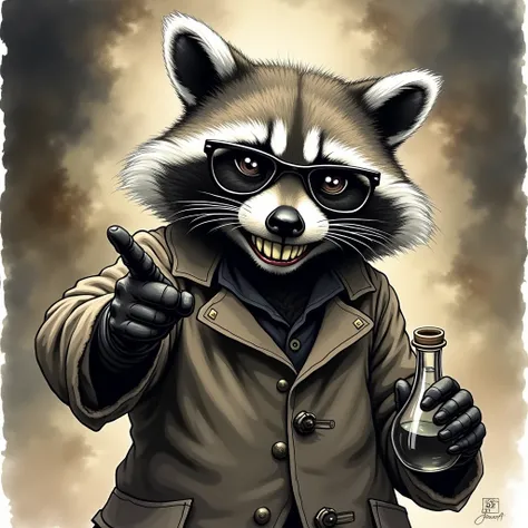 videogame, illustration, ink wash painting, (by Aaron Douglas:1.3), (monotype), portrait, amazing background, trending on Deviantart, a raccoon dressed in a researcher&#39;s coat with glasses on his face points with his right hand at the board, He holds a ...