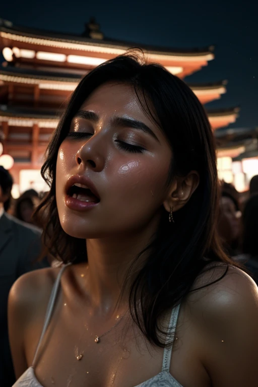 Flying debris,Award-winning photo, Very detailed, Edge Orgasm, Woman with open mouth and closed eyes , Sweaty, Glowing Skin、Lighting that highlights shiny sweat{{{Please spread the word }}}, Black Hair、nsfw,{{{{Crowd of male spectators}}}},(length, Narrow ...