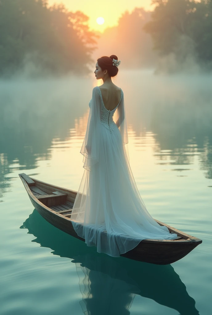 (photorealism), beautiful, face visible chinese girl in traditional china bride white attire in white hair, legendary china bride story, one simple elegant hair piece. Bare foot. standing in a boat on middle of crystal blue sapphire lake masterpiece, golde...