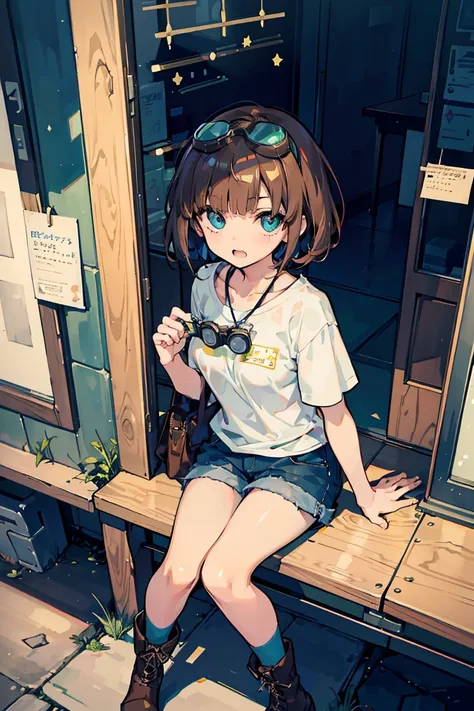 (Spread out the drawing), Place both hands on the desk, Camera angle from above,Girl looks at drawing, (1 personのドワーフの女の子), (1 person), (super high quality), masterpiece, Put goggles on your head, (Brown Hair Color), (Colorful colors), Casual Scene, Relaxi...