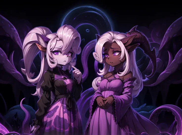 absurdres, ((high-resolution)), ultra detailed, vivid colors, abyssal goddess, dark skin, horns, white hair, ((medium hair:1.2)), (sidelocks:1.3), purple eyes, disheveled hair, long sleeves, fril gothic dress, purple and pink outfit, abyssal, darkness,  te...