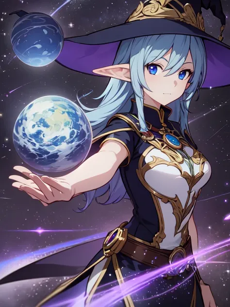 best quality, high resolution, 1 girl, elf, witchs hat, floating in space, energy sphere, light particles, shiny hair, shining stars, fantasy, anime