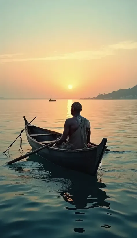 African fisherman at mid of the sea with a little wooden boat in evening High Resolution, 