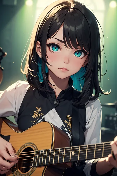 ((1 girl)), punk, Dark circles around the eyes, Apathy, guitar, Cowboy Shot,((Super detailed,Please redeem, High resolution, Fell, sloppy, Lazy and slothful,8K wallpaper, Beautiful clothes,)),((Black Hair, Matte green accent color, Shortcuts,Diagonal bangs...