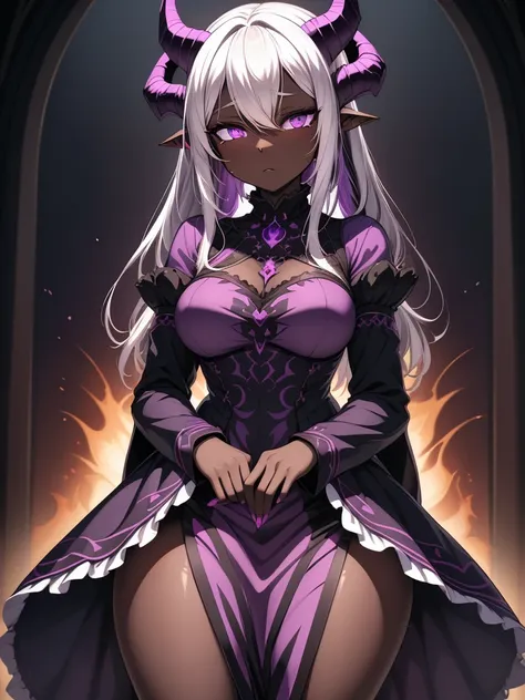 absurdres, ((high-resolution)), ultra detailed, vivid colors, abyssal goddess, dark skin, horns, white hair, ((medium hair:1.2))...