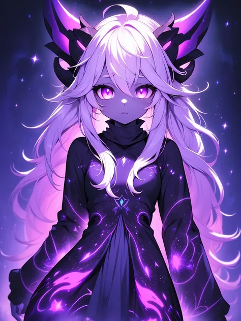 absurdres, ((high-resolution)), ultra detailed, vivid colors, abyssal goddess, dark skin, horns, white hair, ((medium hair:1.2)), (sidelocks:1.3), purple eyes, disheveled hair, long sleeves, fril gothic dress, purple and pink outfit, abyssal, darkness, fra...