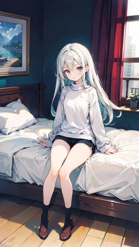 a girl,fifteen years old,white skin,long hair,skinny,slim,very thin legs,wearing sweater,short minipants,thick cotton over-calf socks,sitting in her room,skinny,slim,very thin legs