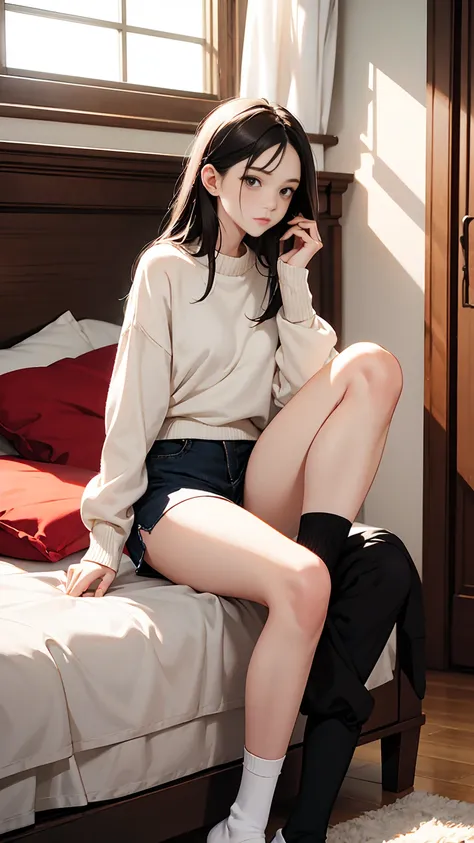 a girl,fifteen years old,white skin,long hair,skinny,slim,very thin legs,wearing sweater,short minipants,thick cotton over-calf socks,sitting in her room,skinny,slim,very thin legs