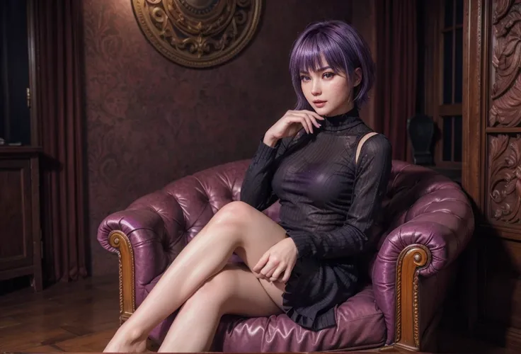 Ayane, purple hair, (best quality, ultra-detailed), (realistic:1.37), beautiful and detailed face, ultra-realistic texture, delicate face, delicate body, red lipstick, long-lasting colors. high definition, 8K. expression with a sexy look