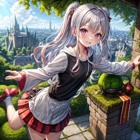 Rainbow red and silver hair、Rainbow Eyes、Wavy Hair、Hair tied up、Two cute、Checked mini skirt、Black T-shirt、Long sleeve、wearing a hood、Black knee-high socks、Teeth are visible、Old Castle、Tilting face、lawn、In front of the city gate、The stone is cracked、Uneven ...