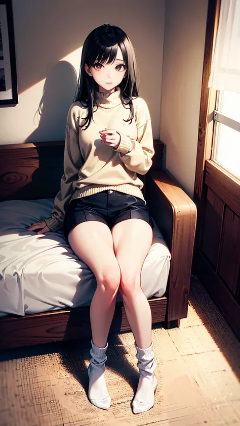 a girl,fifteen years old,white skin,long hair,skinny,slim,very thin legs,wearing sweater,short minipants,thick cotton over-calf socks,sitting in her room,skinny,slim,very thin legs,slim legs