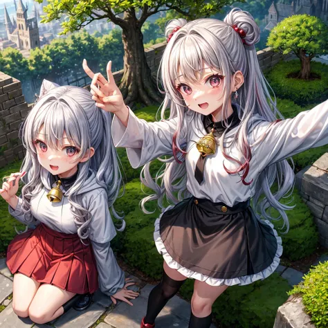 Rainbow red and silver hair、Rainbow Eyes、Wavy Hair、Hair tied up、Two cute、Checked mini skirt、Black T-shirt、Long sleeve、wearing a hood、Black knee-high socks、Teeth are visible、Old Castle、Tilting face、lawn、In front of the city gate、The stone is cracked、Uneven ...