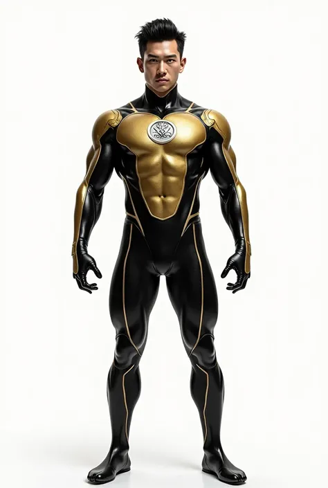 (photorealism:1.2), full Body photorealistic an very Handsome Japanese hero. His suit should be gold and black metallic micro scales textured spandex and color should be white, . He should have a special white circle logo with " star " design logo on his c...