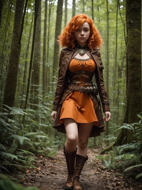 1 girl, beautiful, orange hair, very short, very curly, delgado, flat bust, with freckles on the face, with Slavic features, steampunk dress, The whole body, two hands, shows her legs, in the forest.