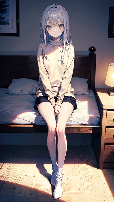 a girl,fifteen years old,white skin,long hair,skinny,slim,very thin legs,wearing sweater,short minipants,thick cotton over-calf socks,sitting in her room