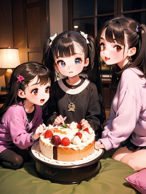 (((masterpiece of the highest quality)))，(((three girls)))，((little girl:1.3))，long eyelashes，dark skin tone, very small young g...