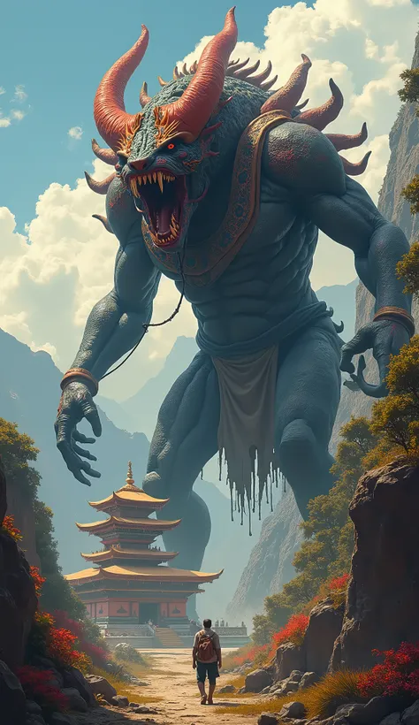 Nepal Monster, epic and scary looking with cinematic style, colorful background, The monster is in Nepal style, Kopan Monastery temple is in the background