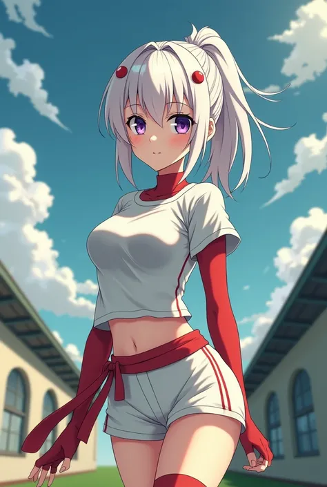 HD、Animation style、white hair 、Purple Eyes、girl、plump breasts 、High school student 、single ponytail、Baseball player、Light color short sleeve top、Long sleeve red underwear、Good shape、Thin、sash、Sky、cloud、sunny、Navel exposed、dazzler、Breasts exposed、ninja suit