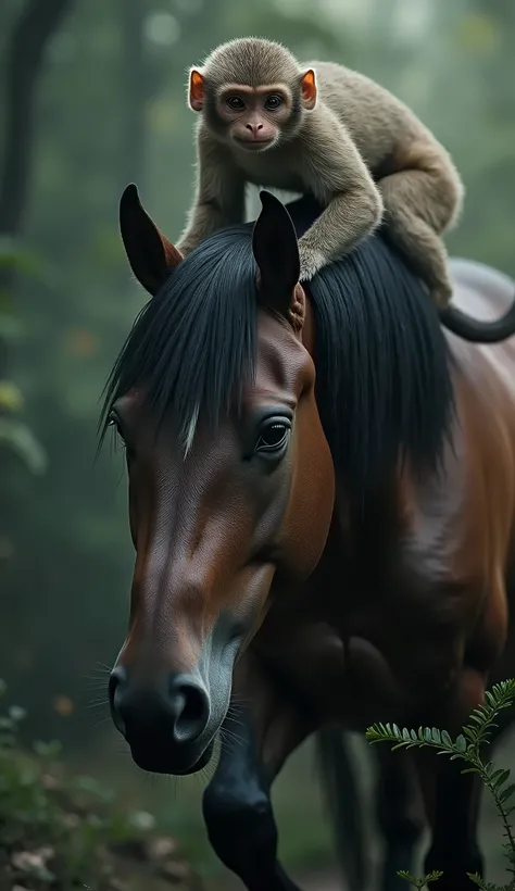 horse and monkey , extremely detailed fur, striking eyes, dramatic lighting, photorealistic, 8K, highly detailed, masterpiece, cinematic, dramatic atmosphere, detailed textures, natural environment, stunning composition, vibrant colors, chiaroscuro lightin...