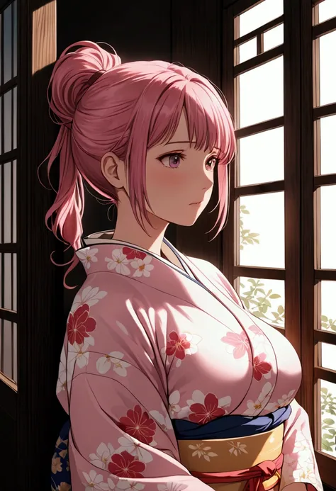 A woman wearing a kimono is leaning against the window with her pink hair in a ponytail.. She has big breasts and her face looks worried.