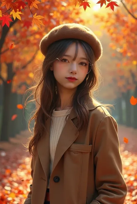 Best Quality、masterpiece、High sensitivity、High resolution、Detailed Description、Delicate facial depiction、Slender women、Glasses、Autumn outfit、Beret、Autumn leaves park、