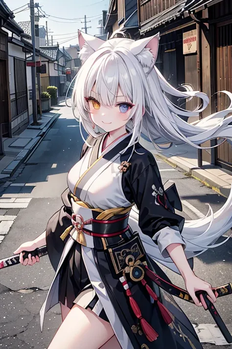 anime style ,One woman,long whitehair, heterochromia,yellow right eye,blue left eye, cat ears,  smile, solo,Japanese samurai costume,ink wash painting style,beautiful,masterpiece,extremely detailed,attack with a katana blade,Streetscape of Edo,wideview,hol...