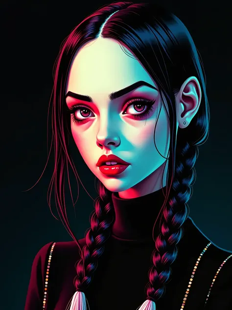 American Pop Art、Wednesday Addams, age 23. beauty、1950、colorful、Face seen from an angle、solid dark background. Opposite colors. Dark mood.