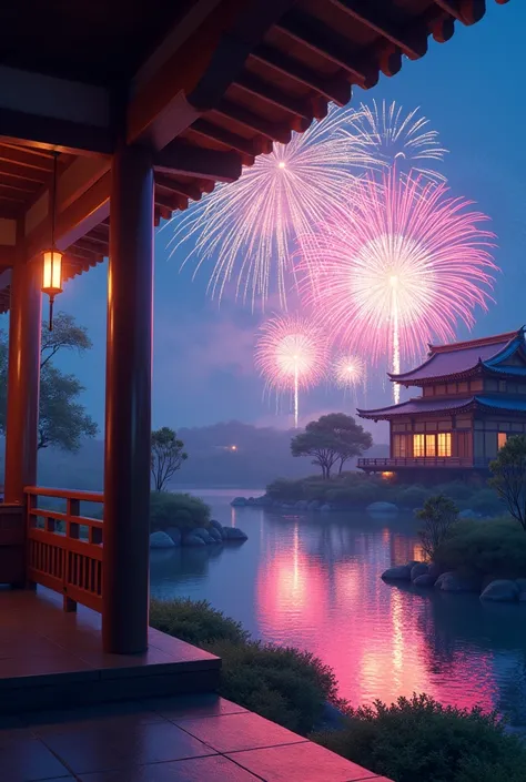 Best Quality、High image quality、4K、Colorful fireworks can be seen from the veranda of a Japanese house、Wind chimes swaying in the fresh breeze、There is a pond in the garden、Fireworks reflected on the surface of the pond