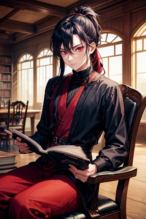    Anime young man with sharp red eyes and long dark indigo hair tied up in a ponytail ,Fair skinned and wearing all black fantasy clothes sitting on a chair with a book in his hand with a library background
