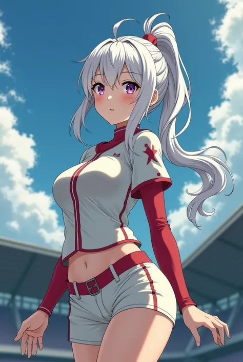 HD、Animation style、white hair 、Purple Eyes、girl、plump breasts 、High school student 、single ponytail、Baseball player、Light color short sleeve top、Long sleeve red underwear、Good shape、Thin、sash、Sky、cloud、sunny、Navel exposed、dazzler、Breasts exposed、ninja suit