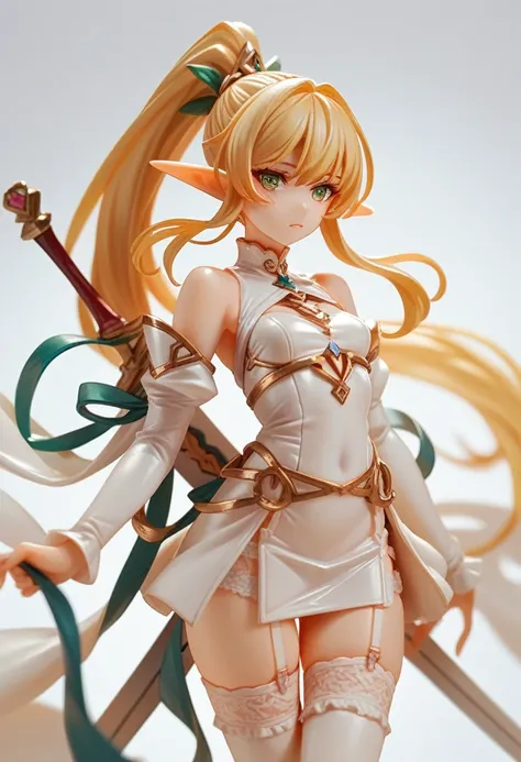 blonde　Long Ponytail　Elf　delicate　White short dress　Garter belt　Swordsman　Has a long sword