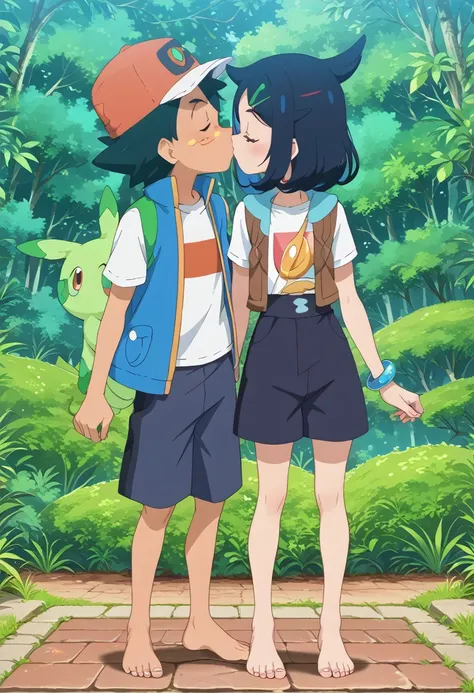 1 boy ash ketchum - pokemon journeys kiss 1 girl chloe cerise (pokemon) barefoot toes sole ankle bangle toes rings slime happy.