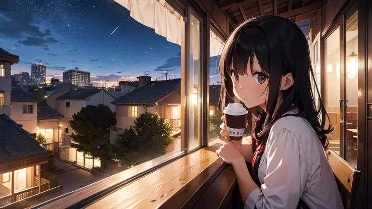 I popped my head out onto the balcony in the middle of the night、Looking out over the city、Profile of a young dark-haired woman drinking coffee