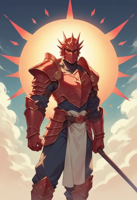 A great warior wearing red mettalic armor  background a sun