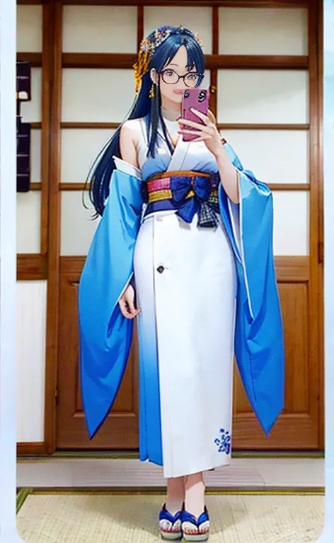  Expressiveh,1girl, mature female, verkmn, long hair, blue hair, blue eyes, low-tied long hair, bare shoulders, semi-rimless eyewear, hair ornament, hair stick, earrings, choker, red kimono, japanese clothes, wide sleeves, long sleeves, obi, platform footw...