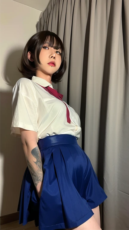 1girl, (short-sleeved jk_shirt),jk_style,(dark blue jk_skirt) ,(bow jk_tie), brown eyes ,face,  makeup,red lips, eyeshadow,  mil...