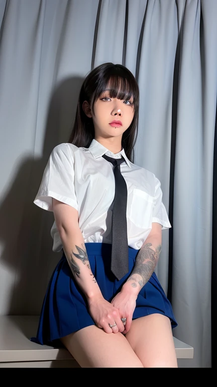 1girl, (short-sleeved jk_shirt),jk_style,(dark blue jk_skirt) ,(bow jk_tie), brown eyes ,face,  makeup,red lips, eyeshadow,  mil...