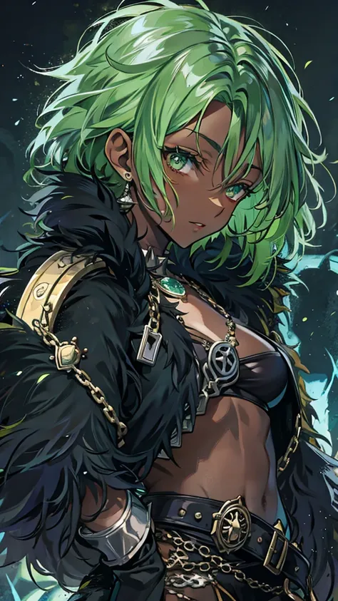 Spiked Wheel Weapon,Dark Skin,Best Quality, Textured skin, Light green hair, Black fur jacket draped over shoulders,Anime Style, Character portrait, Sensual,Glossy lips,Muscular Woman,Gloves with chains