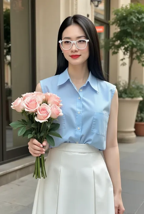 Photography, realistic, cowboy shot of a Asian young woman wearing a light blue sleeveless shirt  and white skirt standing at sidewalk, she has pretty lipstick, she is smiling, she wearing glasses, she holding a rose bouquet, vibrant lighting