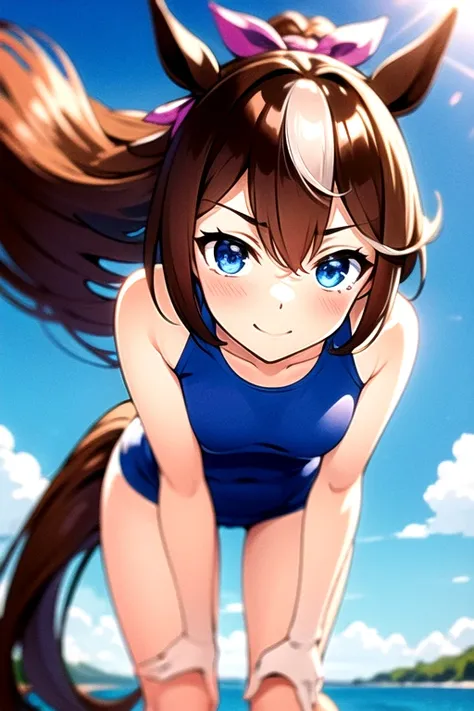 masterpiece, extremely detailed background, 1girl, solo, smile, Tokai Teio , high ponytail, fake animal tails, fake horse tails, blue competitive swimsuit, near the sea, leaning forward, blush,