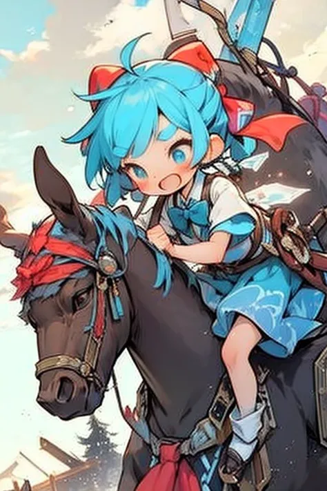 , cute smile low length Troubled face in trouble V-shaped eyebrows Bubbles,1girl, cirno, blue hair, hair bow, blue dress, short sleeves, ice wings, red bowtie,sumiyao+　Riding a horse🐎　Theres a horse next to it🐎　holding a pink bouquet💐　Horse and Friendship🐴