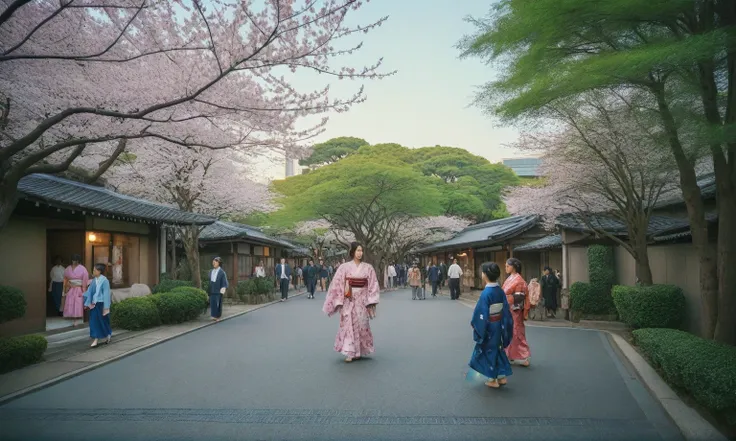 modern craft resort, sakura trees, greenery landscape, in the center of city, crowded people, clear sky, day light time, warm li...