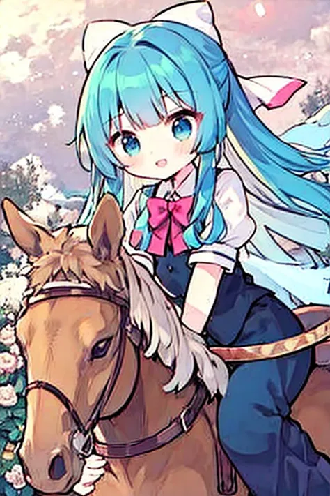 , cute smile low length Troubled face in trouble V-shaped eyebrows Bubbles,1girl, cirno, blue hair, hair bow, blue dress, short sleeves, ice wings, red bowtie,sumiyao+　Riding a horse🐎　Theres a horse next to it🐎　holding a pink bouquet💐　Horse and Friendship🐴