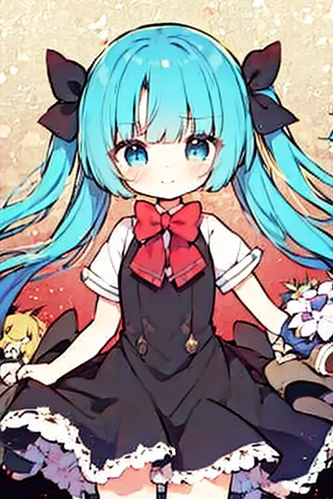 , cute smile low length Troubled face in trouble V-shaped eyebrows Bubbles,1girl, cirno, blue hair, hair bow, blue dress, short sleeves, ice wings, red bowtie,sumiyao+　Riding a horse🐎　Theres a horse next to it🐎　holding a pink bouquet💐　Horse and Friendship🐴