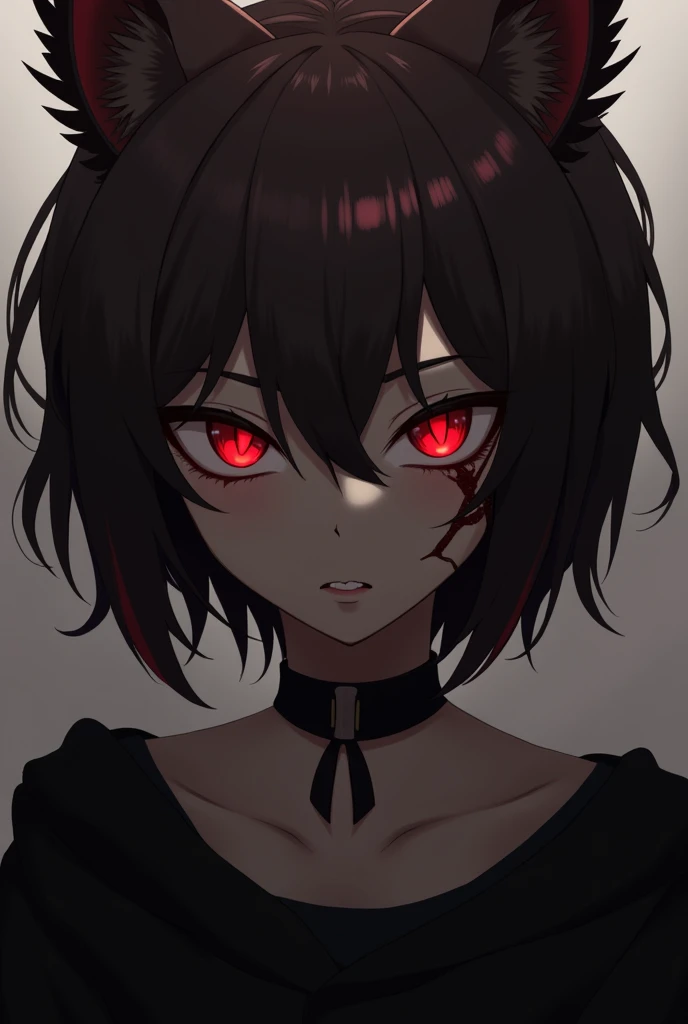 Anime girl with short dark brown hair and red tips, with wolf ears, face would be with slanted eyes and a scratch scar on the left eye, dark skin, wearing black clothes and a gothic choker, His dark brown eyes with a red glow 