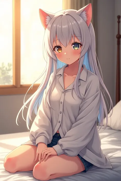 anime style ,One woman,long whitehair, heterochromia,yellow right eye,blue left eye, cat ears, solo,looking at viewer,beautiful,shy,smiling,in the bedroom,morning,cute,sunlight,boyfriend cutter shirt,white collared,bare foot,sitting on the bed,oversized sh...