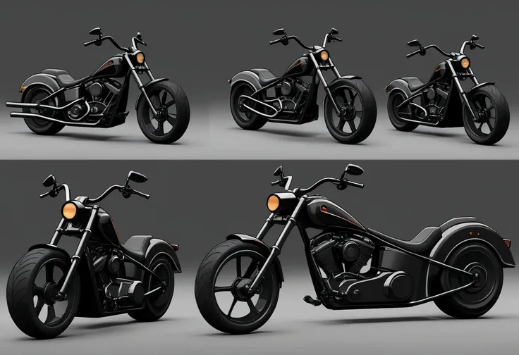 Turnaround model sheet of a black badass chopper bike 