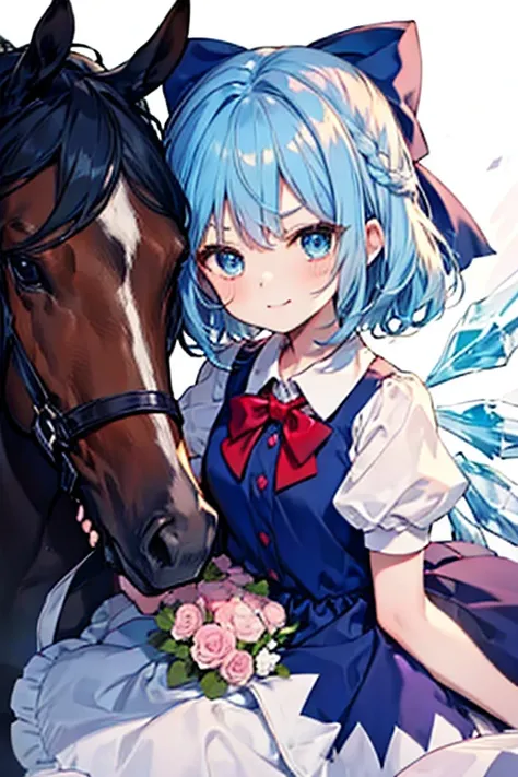 , cute smile low length Troubled face in trouble V-shaped eyebrows Bubbles,1girl, cirno, blue hair, hair bow, blue dress, short sleeves, ice wings, red bowtie,sumiyao+　Riding a horse🐎　Theres a horse next to it🐎　holding a pink bouquet💐　Horse and Friendship🐴...